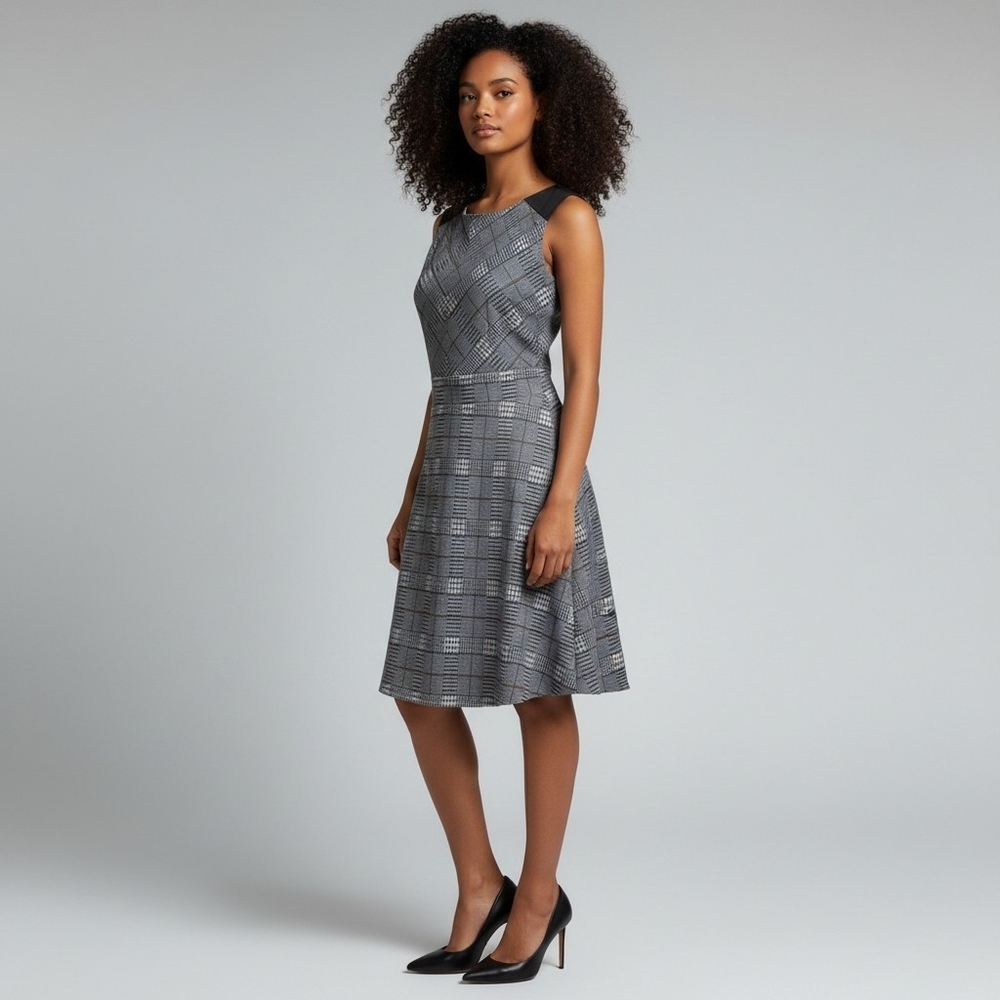 Spense Gray Plaid Sleeveless Sheath w/Faux Leather Fit & Flare Academia Dress, 6